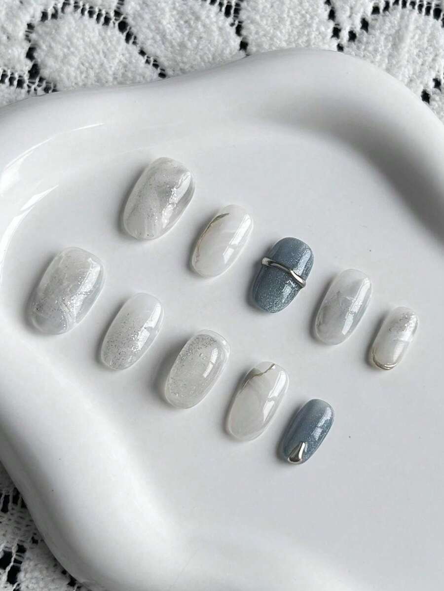 10 Pcs Handmade Press On Nails Short,Halloween Nails, High-Grade Gradient Flash Cat Eye, Marble Texture Hand-Sculpted Three-Dimensional Shape, Fine Glitter Decoration Hand-Painted Metal Lines, Delicate And Atmospheric, Short Oval Style,Back To School, Can Be Reused Detachable Nails Come With A Tool Kit, Suitable For Girls Who Love Beauty To Wear Daily And As A Holiday Gift. Nail Supplies Nails - Multicolor - View 1