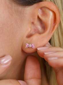 2pcs Lightweight Luxurious High Glitter Pink Bow Earrings, 925 Sterling Silver Women's Earrings, Elegant Jewelry Gift For Women, Valentine's Day Birthday, Everyday Wear - Pink Bow Earrings - View 3