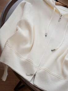 Letter Embroidery Solid Color Drawstring Hooded Knit Cardigan - Apricot - View 5