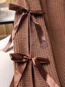 大码休闲圆领蝴蝶结撞色针织套头衫 - 棕色 - 查看 5