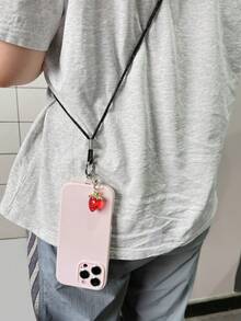 1 pieza Collar largo con colgante de fresa, cordón colgante de teléfono con doble hebilla brillante para mujeres, minimalista y de moda, anti-pérdida y anti-caída, viene con almohadilla