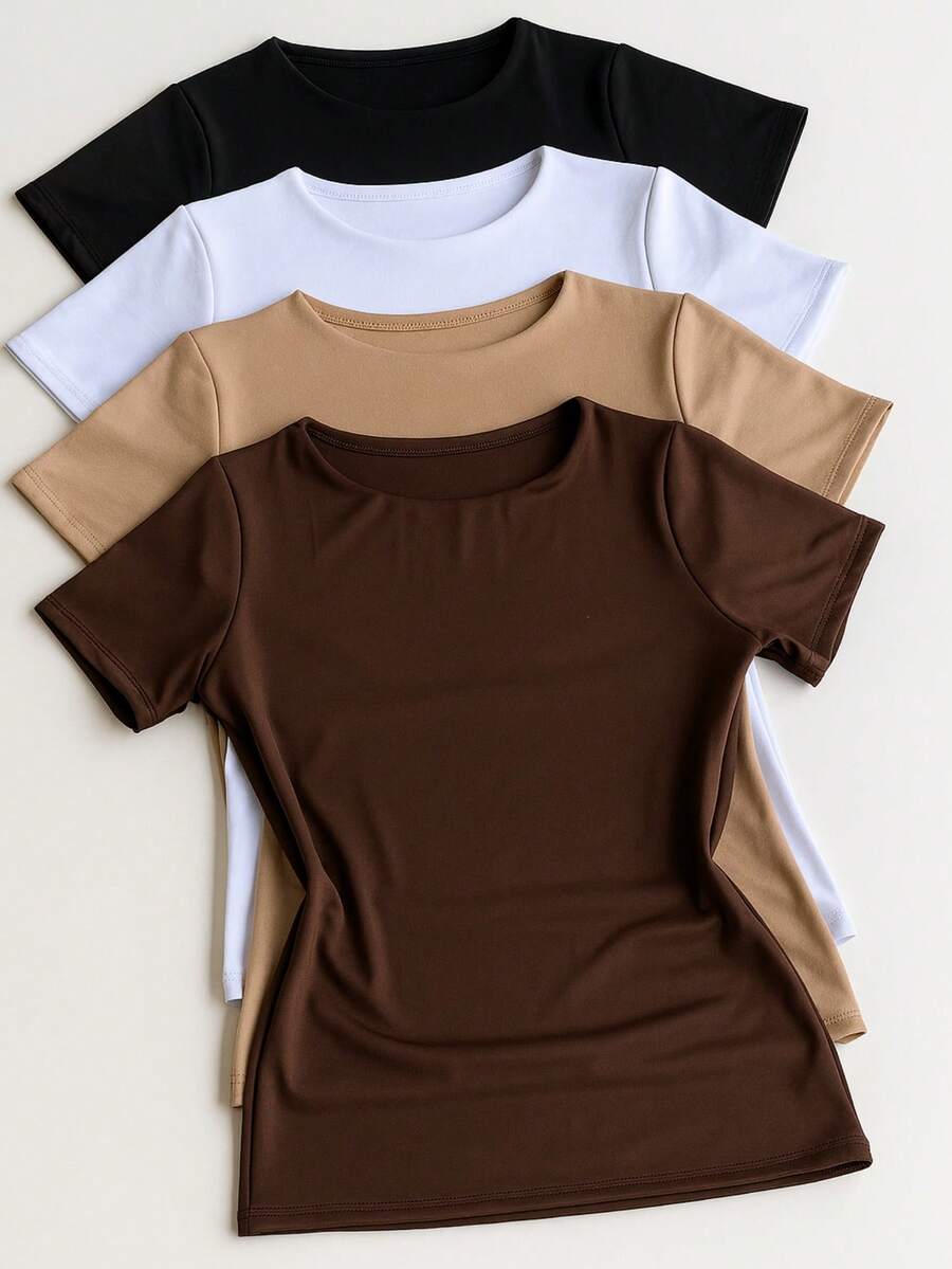 Kit 4 Women's Double Suplex Blouse Basic Elegant Blogger - 黑色,白色,米色和棕色 - 查看 1