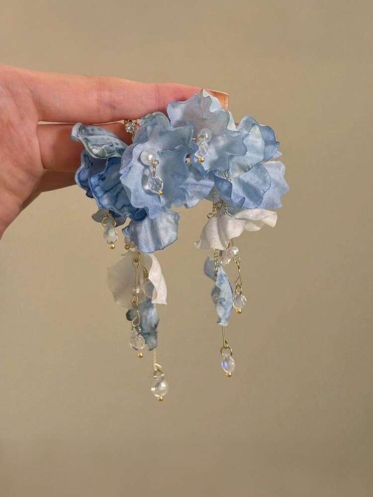 蓝色花朵流苏吊坠耳环，仿水晶吊坠耳环，时尚优雅的仿珍珠花朵女士配饰，适合节日、婚礼，是送给女性的完美时尚礼物 - 淺藍色 - 查看 3