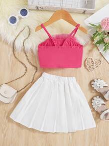 Set di gonne plissettate alla moda per ragazze, design elegante e casual per l'estate, top corto senza maniche + minigonna plissettata bianca, 2 pezzi