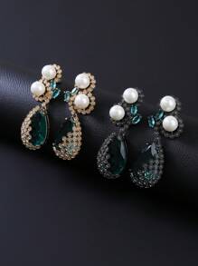 1 Pair Luxury Jewelry Style Copper Inlaid Cubic Zirconia Faux Pearl Pendant Earrings, Suitable For Formal Dresses, Parties And Occasions