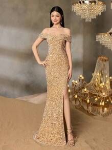 Alisa&Leo 惊艳青春亮片晚礼服，露肩领口，高开叉，美人鱼拖尾 - 优雅正装，适合红毯活动、慈善舞会、晚宴、舞会和歌剧晚会 - 香檳色 - 查看 3