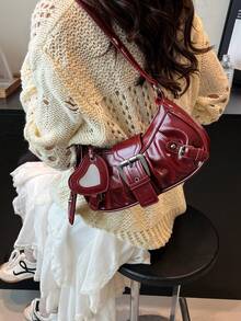 1pc Women's Vintage Mad Max Punk Wanderer Motorcycle Bag With Rivet Decoration, Adjustable Shoulder Strap, Large Capacity, Soft Faux Oil Wax Gradient Color, One Shoulder Underarm Bag, Baguette Bag, Square Bag, Suitable For Work, Commute, Date, Party - Burgundy - View 6