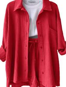 Plain    Casual    Button Front  Button    Home - 紅色 - 查看 2