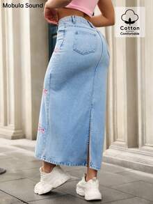Mobula Sound Mid-East Spring & Summer Y2K Sexy Music Festival Student/Collegiate Versatile Casual Vacation Fashion Cute Bow Embroidery Figure-Flattering Denim Maxi Skirt - Blue - View 7