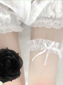 Liguero de encaje sexy con moño, medias elásticas hasta el muslo, accesorios de boda nupcial, gargantilla y correa para la pierna