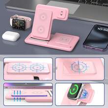 三合一可折叠无线充电器，快速无线充电站支架底座，兼容 17/16/15/14/13/12/11/Pro/Max/Mini/8/Plus/X/XR/XS/SE， Ultra2/Ultra/9/8/7/6/5/4/3/2/1/SE，以及 3/2/Pro2/Pro - 粉色 - 查看 5