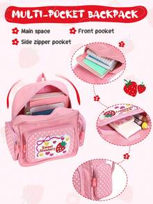 Mochila bordada con diseño de fresa, mochila rosa dulce con bordado de fresa, mochila escolar bordada con frutas y encaje para niña - Rosa - Ver 4