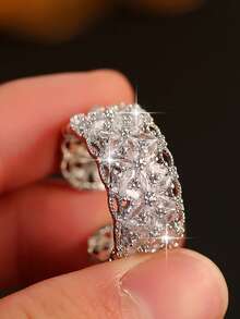 1枚梦幻花朵锆石订婚戒指，镀银宽戒圈，适合女性日常佩戴，可打开，珠宝礼品 - 銀色 - 查看 3