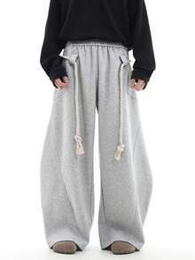 男士时尚绳结细节弯腰阔腿裤，男士长裤，男士休闲裤，美式街头风宽松筒状长裤，宽松弯腰裤，男士长裤，男士阔腿裤，万圣节礼物，圣诞节礼物，送男友的礼物，男友礼物，浅灰色长裤，秋季 - 淺灰色 - 查看 1