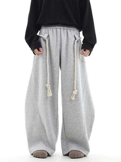 男士时尚绳结细节弯腰阔腿裤，男士长裤，男士休闲裤，美式街头风宽松筒状长裤，宽松弯腰裤，男士长裤，男士阔腿裤，万圣节礼物，圣诞节礼物，送男友的礼物，男友礼物，浅灰色长裤，秋季