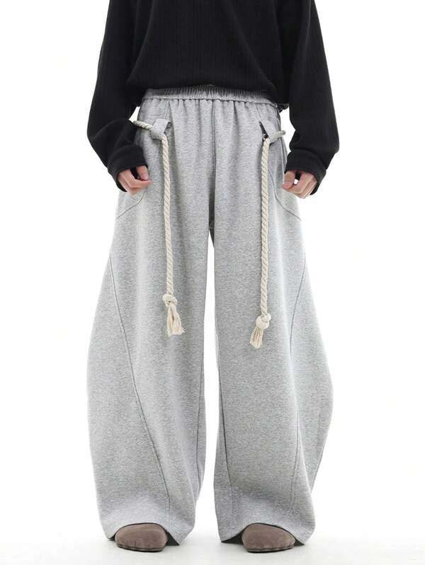 男士时尚绳结细节弯腰阔腿裤，男士长裤，男士休闲裤，美式街头风宽松筒状长裤，宽松弯腰裤，男士长裤，男士阔腿裤，万圣节礼物，圣诞节礼物，送男友的礼物，男友礼物，浅灰色长裤，秋季