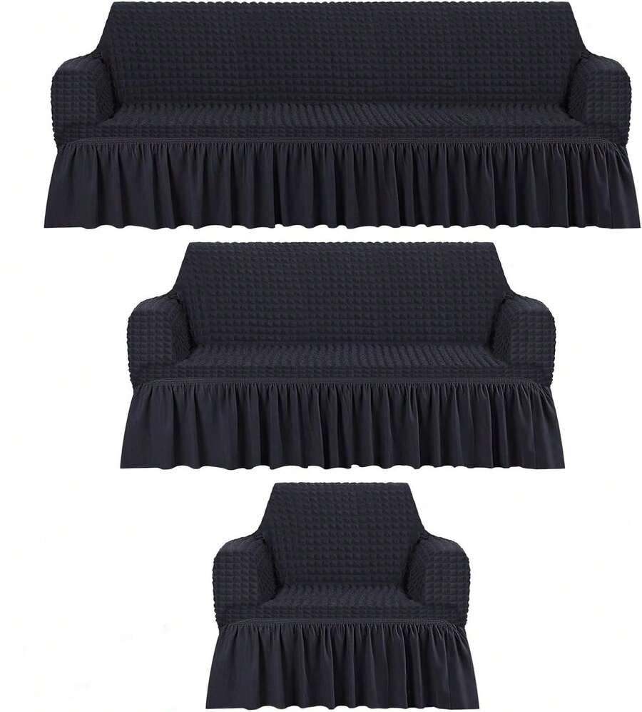 AMOROSA 3 Pieza Funda Cubre Sala con Falda Tipo Plumeti Funda de Sofá Lavable Elástica Fácil de Instalar Fundas para Sillones Sala  (1 plaza, 2 plazas, 3 plazas) Decoración Sala Negro