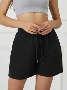 3 件纯色休闲短裤，抽绳松紧腰跑步健身短裤，女士运动服 - 黑色 - 查看 6