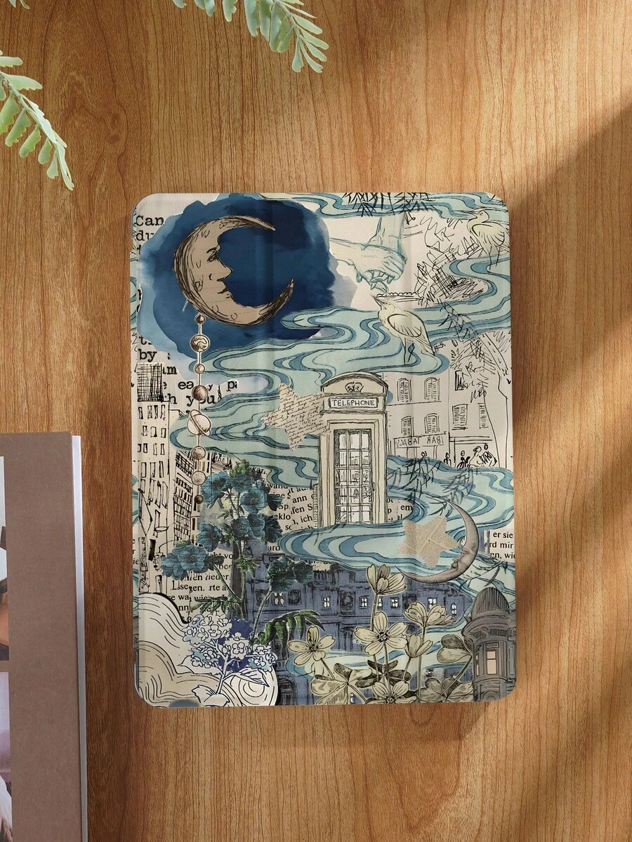 Bao da máy tính bảng tương thích với iPad Air 4/5 10.9 inch, iPad 7/8/9/10.2 inch, Họa tiết ghép ảnh Blues Dreamy City Moon Night, iPad thế hệ 10, Tương thích với Kindle Paperwhite thế hệ 12 năm 2024, Kindle (thế hệ 11) ra mắt năm 2022, Tương thích với Galaxy Tab S6 Lite 10.4 inch, Bao da có chức năng tự động ngủ/thức