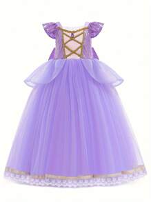 少女优雅紫色网纱亮片短袖连衣裙