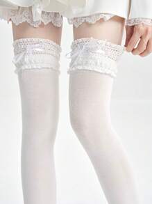 1 Pair Bow Lace Trim Over-The-Knee Socks, Suitable For Pairing With Skirts, Y2K