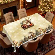1 pieza Mantel de poliéster con tema navideño, diámetro redondo de 145cm (57.08 pulgadas), rectangular de 140x180cm (55.11 pulgadas x 70.87 pulgadas), mantel redondo de poliéster dorado con diseño de muñeco de nieve, Papá Noel y árbol de Navidad dorado, mantel para mesa de comedor, decoración navideña, decoración para reuniones y fiestas navideñas en el hogar.