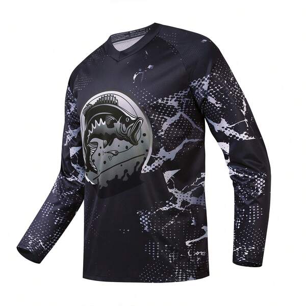 TELEYI Performance Fishing Shirt For Men - Soft, Breathable Polyester With Raglan Sleeves, Round Neck, And Unique Fish & Camouflage Pattern - Ideal For All Seasons, Fishing Apparel|Camouflage Fishing Shirt|Stretchable Material
