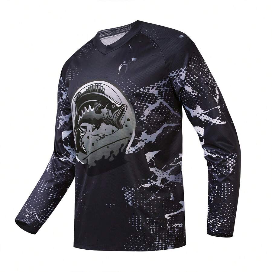 TELEYI Performance Fishing Shirt For Men - Soft, Breathable Polyester With Raglan Sleeves, Round Neck, And Unique Fish & Camouflage Pattern - Ideal For All Seasons, Fishing Apparel|Camouflage Fishing Shirt|Stretchable Material - Multicolor - View 1
