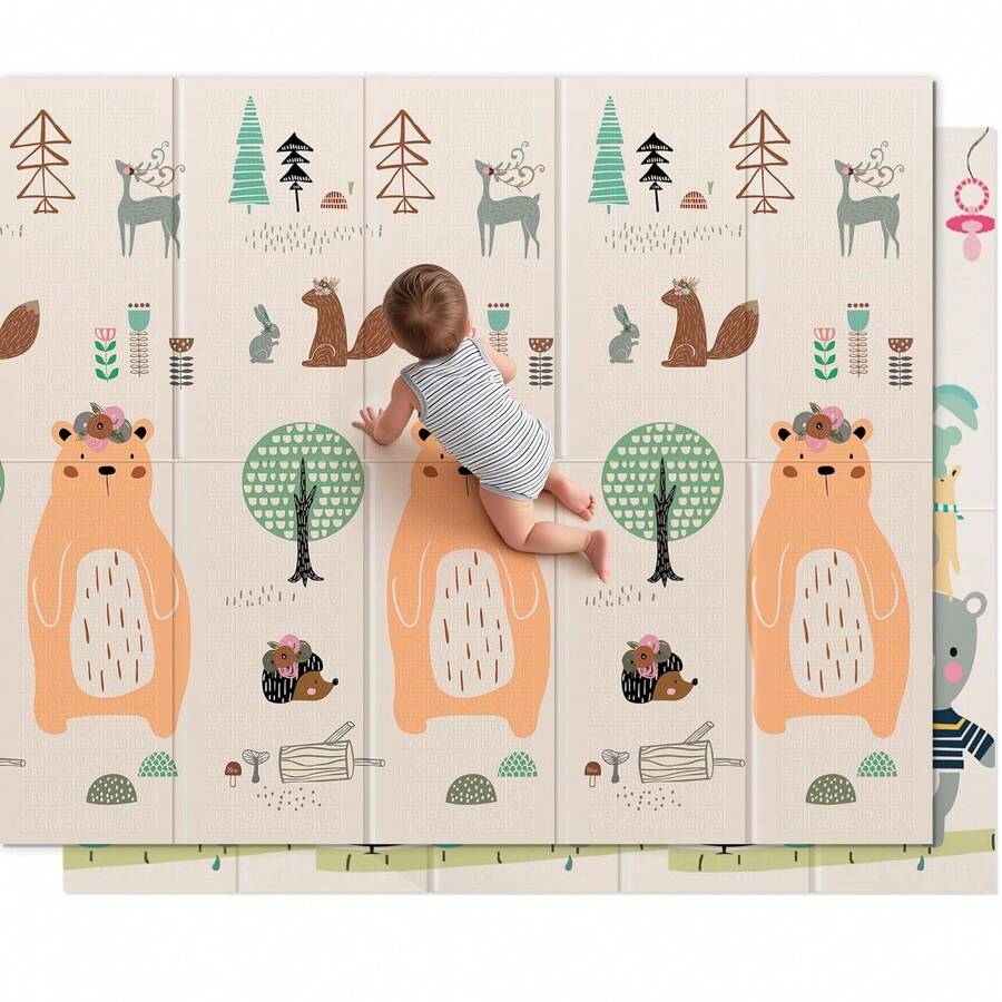 79x71 Foldable Baby Play Mat For Floor, Extra Large Tummy Time And Crawling Playmat, Thick Foam Play Mat For Baby, Reversible Portable Babies Floor Mats For Infant, Toddler - 北美栗鼠 - 查看 1