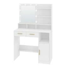 Hzuaneri Tocador con espejo, brillo regulable, tocador con 2 cajones y 1 armario, 3 estantes y 4 compartimentos abiertos, blanco
