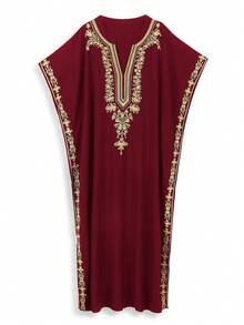Women's Red Embroidered Robe Kaftan Loungewear - Red - View 4