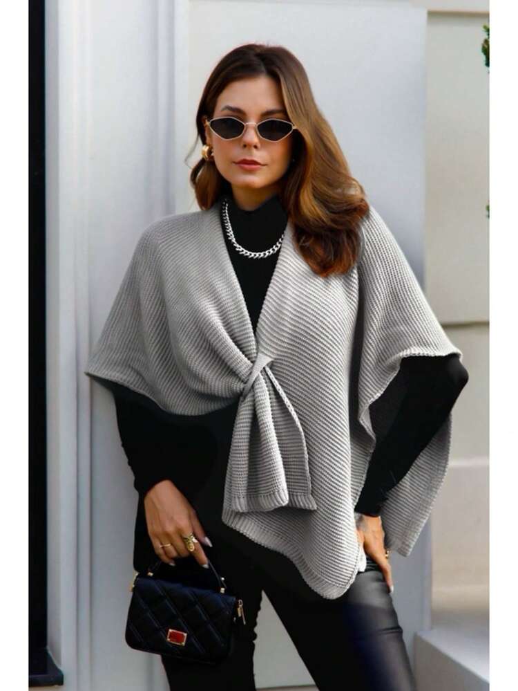 Stylish Women's Knit Vest Poncho Kimono Cape - 銀色 - 查看 3