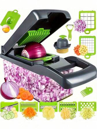 16pcs Vegetable Chopper, Multi-Function Kitchen Vegetable Chopper, Simple To Make Salads, Interchangeable Blades, Party & Kitchen Tool, Manual Food Grater With Container, Onion/Potato Chopper With Changeable Blades, Kitchen Gadgets