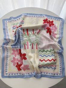 1条女士优雅复古时尚印花轻薄仿丝缎方巾，可作头巾、领巾、披肩使用，轻盈舒适，适合日常佩戴及春、夏、秋季外出，也是母亲节、妇女节的理想礼物。