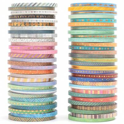 60 Rolls Washi Tape Set Gold Foil Masking Thin Basic Patterns Decorative Tapes Arts, Crafts, Journals, Planners, Scrapbook, Wrapping