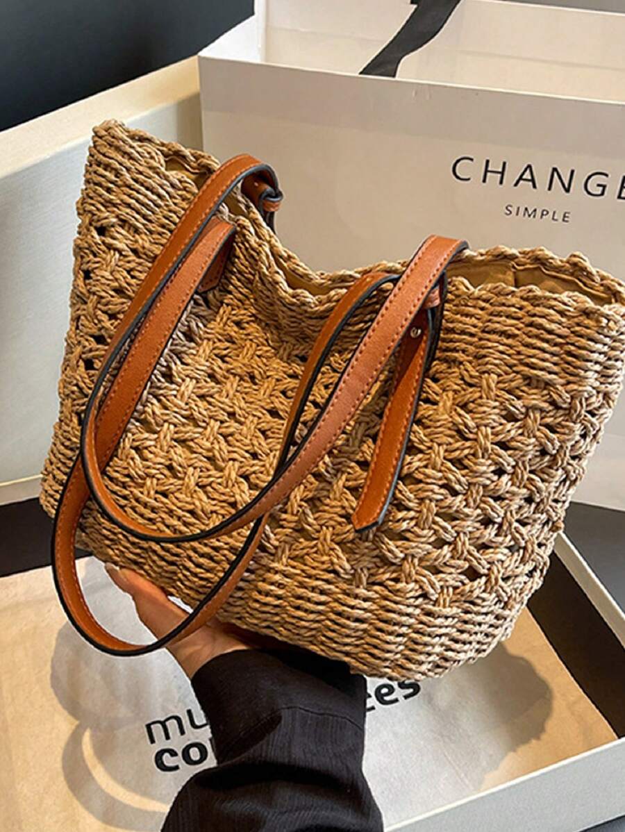 Women Woven Straw Handbag Underarm Bag Travel Shoulder Bags Ladies Casual Bags Fashion Zip Up Beach Vacation Tote Shoulder Bag - 棕色 - 查看 1