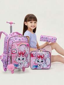BLING BABIES 3 件套女童滚轮背包，可爱卡通猫咪亮片设计滚轮包，带午餐盒和笔袋，夜光功能，粉色 - 紅花粉貓 - 查看 10
