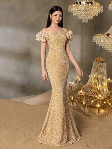 Alisa&Leo Teen Girls' Sequin Off-Shoulder Evening Dress With Ruffled Tulle Sleeves - Elegant Fish-Tail Formal Dress For Spring Summer | Graduate Parties, Coming Of Age Ceremony - Champagne - View 8