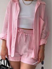 Liso, informal, con botones delanteros, botones, hogar - Rosa - Ver 2