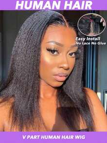 V Part Wigs Human Hair Kinky Straight Wig Yaki Straight Human Hair Wig For Women Afro Kinky Straight Human Hair V Part Wig Glueless Upart Yaki Straight - Natural Black - View 1