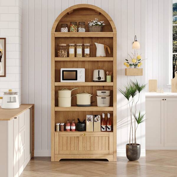 Ataucjin 71" Tall Arched Book Shelf,6-Tier Freestanding Bookshelf With Drawer And Open Display Shelves,Mid Century Modern Arched Bookcase Farmhouse Bookcase Kitchen Pantry For Living Room Bedroom