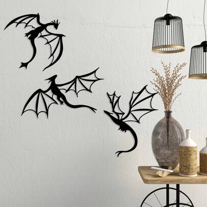 3pcs Dragon Metal Wall Art, Gift For Dragon Lovers, Dragon Room Decor, Legendary Man Cave Fantasy Art, Iron Wall Painting For Indoor And Outdoor Home Patio Balcony Decor, Elegant Hanging Decoration, Housewarming Gift