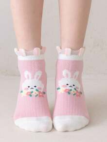 5 Paar Mädchen Dünne Knöchelsocken für Herbst - atmungsaktiv mit Cartoon Hasen Muster, leichte Socken für alle Jahreszeiten, Lässig Socken, lustige Socken