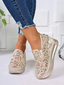 Slimming Lace Mesh Breathable Lightweight Sneakers With Glitter Wedge Heel, For Spring/Summer - Gold - View 1