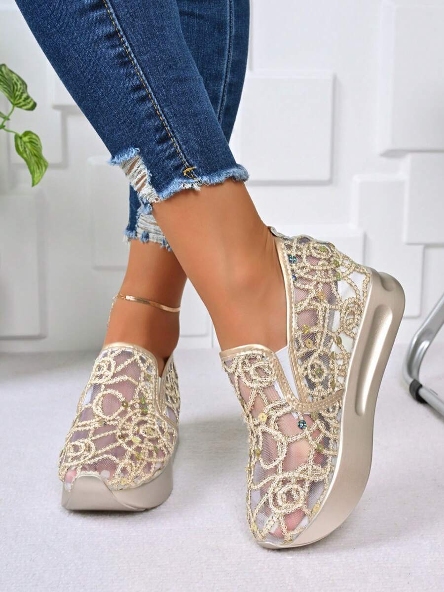 Slimming Lace Mesh Breathable Lightweight Sneakers With Glitter Wedge Heel, For Spring/Summer - Gold - View 1