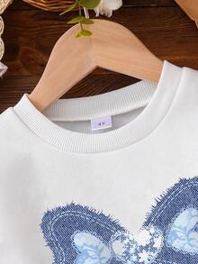 Toddler Bow Decor Warm Crew Neck Sweatshirt And Denim Pants Set - White - View 4