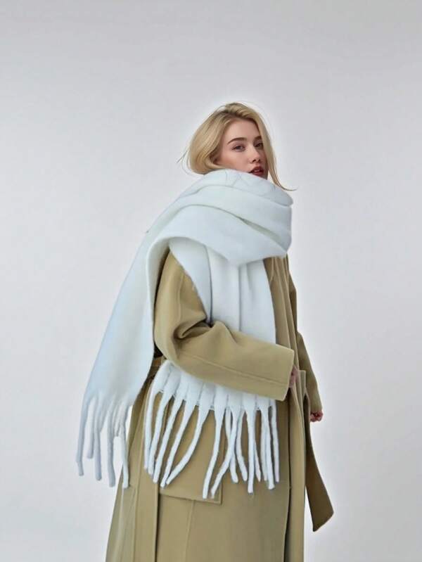 1pc Women's Solid Color Fringed Cashmere Scarf, Thick & Warm Shawl, Multi-Functional Neck Warmer, Casual For Autumn/Winter