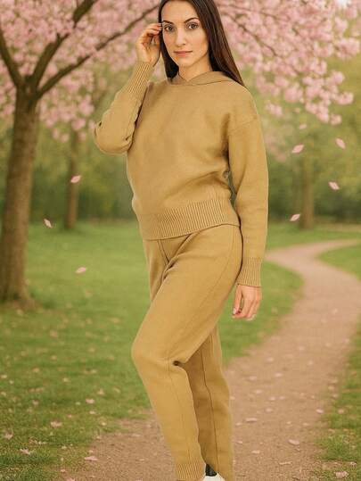 HPC POLO Conjunto de Pants y Sudadera para Mujer – Tejido de Punto Elegante y Ligero, 2 Piezas con Manga Larga y Gorro, Bonito y Cómodo para Estilo Casual o Diario