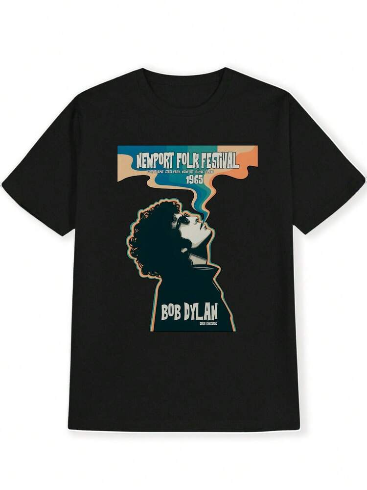 Camiseta gráfica retro de hombre con retrato de Bob Dylan - Newport,  Island 1965 - Camiseta casual de verano de manga corta, negra con diseño colorido, ropa de festival de música |   Top de festival vintage |   Lightweight Fabricideal para amigos - Negro - Añade 2
