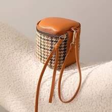 Houndstooth Soft Leather Earphone Pouch Mini Chic Zipper Coin Purse Bucket Lipstick Makeup Bag Multi-Function Handheld Small Bag - Multicolor - View 7